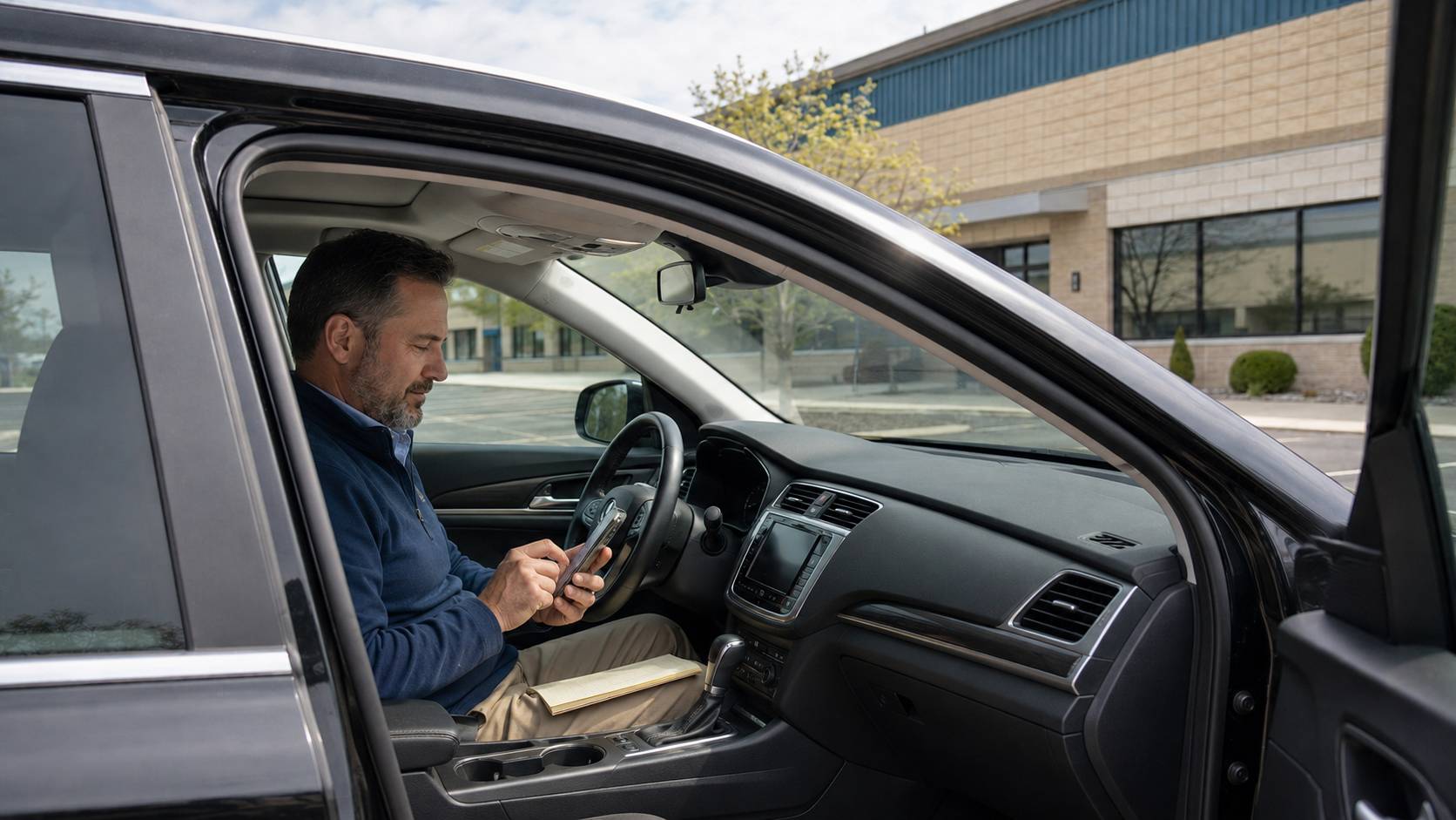A candid photograph of an employee sitting in a parked personal vehicle outside a recognizable workplace or client site, recording the trip in a mileage app or paper log.